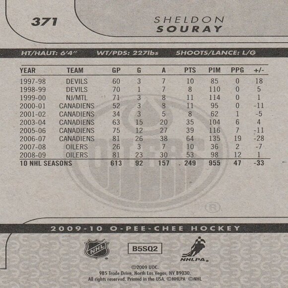 Sheldon Souray - 2009/2010 O Pee Chee NHL Hockey Series Card - Card Number 371 - Picture 2 of 2